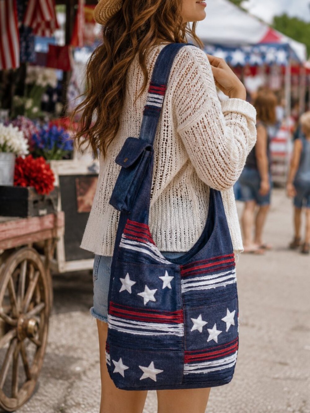 Americana HOBO BAG Large Crossbody Patriotic Shredded Stone Wash Patchwork Purse